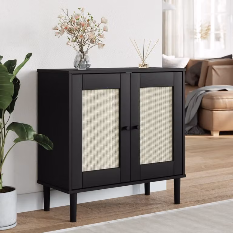 Credenza vidaXL SENJA in legno di pino massello con aspetto rattan, colore nero, L: 80 cm, P: 35 cm, H: 80 cm