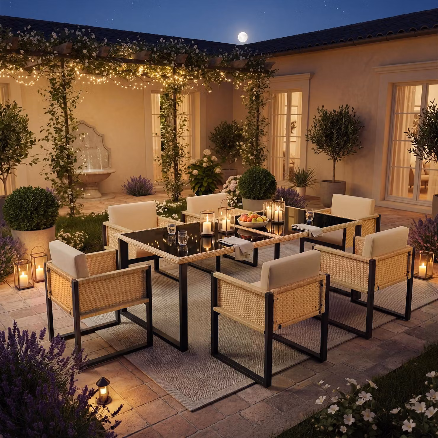 Flieks set salotto da giardino set 6 persone, mobili da giardino in rattan mobili da balcone 7 pezzi, tavolo da giardino con piano in vetro, set da giardino finitura naturale