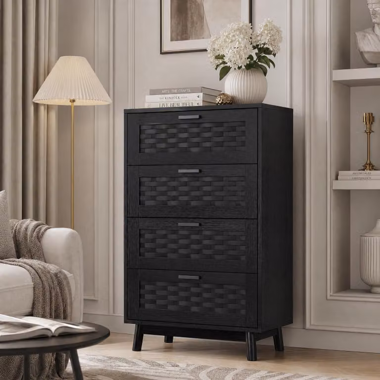 Comodino INONEFT con 4 cassetti, mobile contenitore, cassettiera con decorazioni in rattan, mobiletto portaoggetti per il soggiorno, 55x40x95 cm, nero