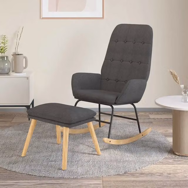 Poltrona a dondolo con poggiapiedi in tessuto grigio scuro e struttura in legno e metallo DESIGN IN – 1