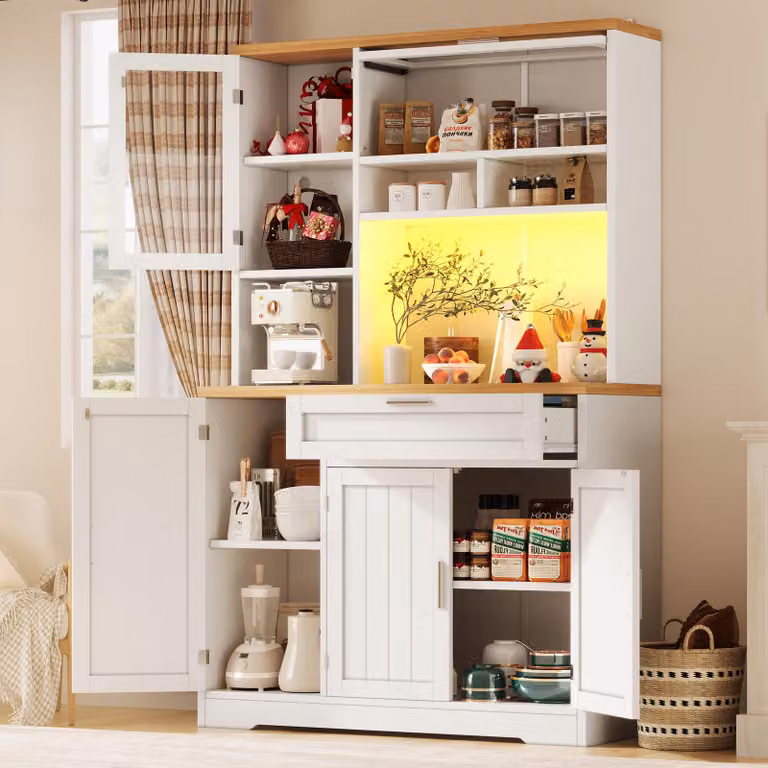 Armadio alto da cucina / credenza con sistema di sicurezza anti-ribaltamento, armadio da cucina con sistema di illuminazione a LED controllabile tramite app mobile, colore bianco
