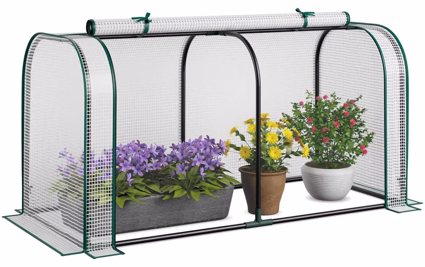Mini serra 2 in 1 - Copertura per aiuola rialzata - Telo in PE impermeabile - Struttura in metallo - Porta con cerniera arrotolabile - Bianco
