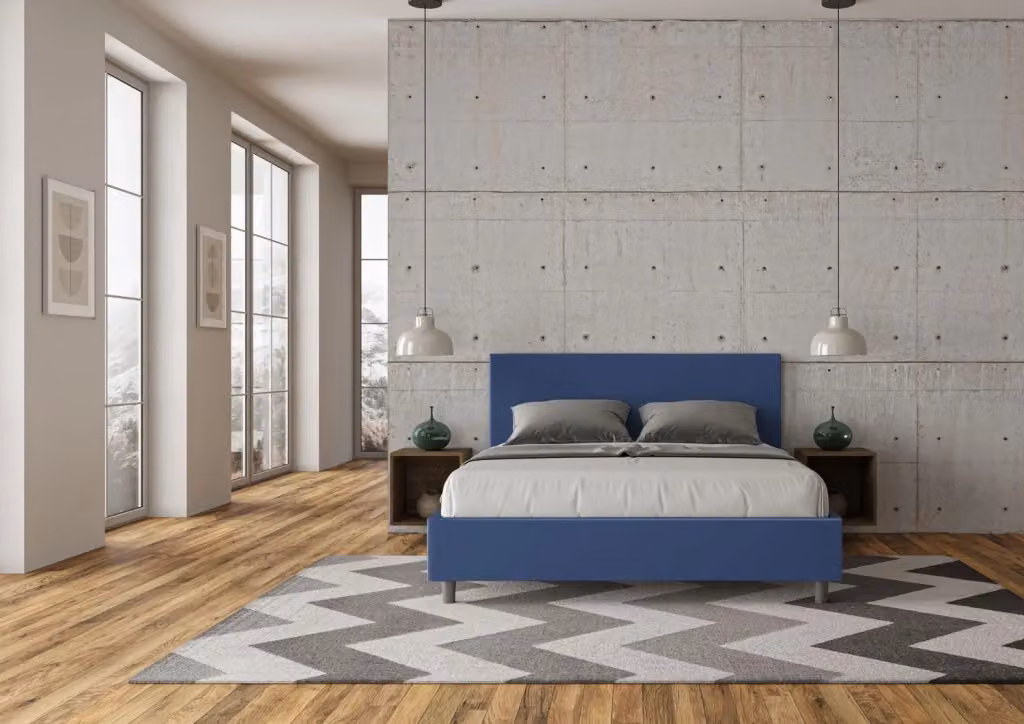 Letto Matrimoniale Adele Blu con Contenitore e Rete, Senza Testata, Imbottito in Similpelle, L/P/H: 160 x 200 x 106 cm – 2