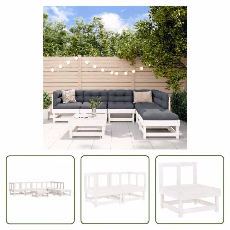 The Living Store Set da salotto da giardino 7 pezzi in legno di pino massiccio bianco