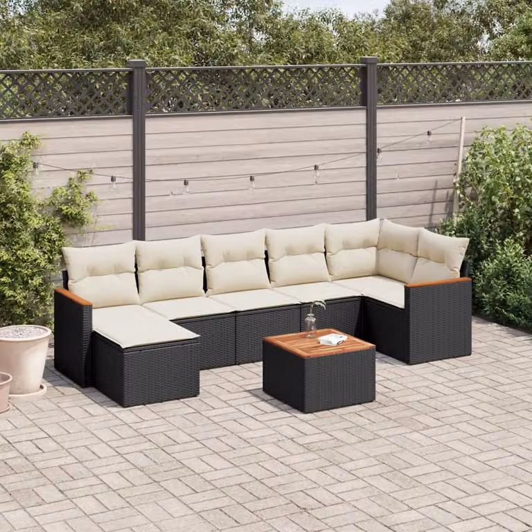 vidaXL Set Divani da Giardino a L con Cuscini 8 pz in Polyrattan Nero e Bianco