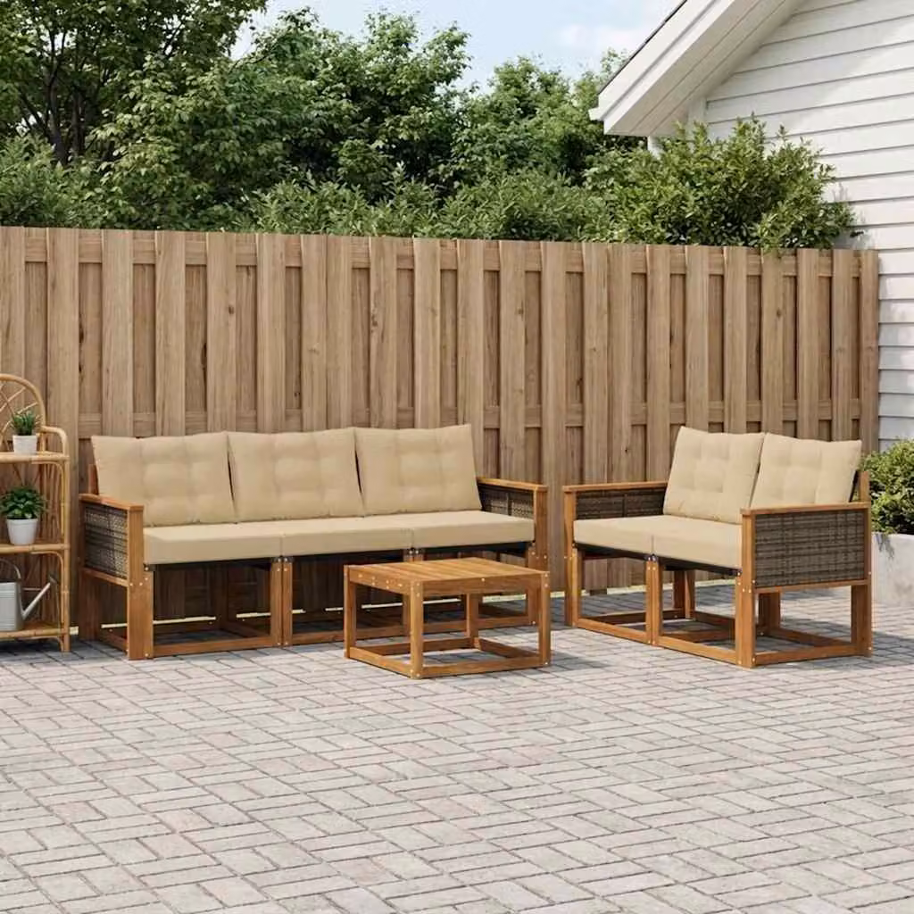 Set di divani da esterno vidaXL 6 pezzi in legno di acacia con tavolino e cuscini, colore marrone e beige