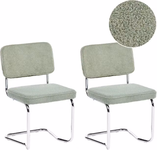 Set di 2 sedie da pranzo Beliani in bouclé verde chiaro con gambe in metallo argento stile retrò L: 53 cm, P: 49 cm, H: 85 cm
