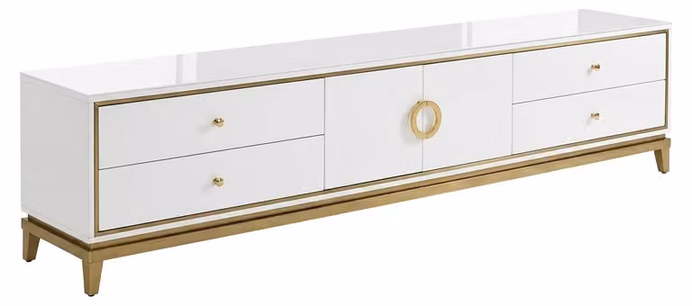 Mobile TV moderno, bianco, in legno e metallo, con dettagli dorati, ideale per il soggiorno, dal design lussuoso