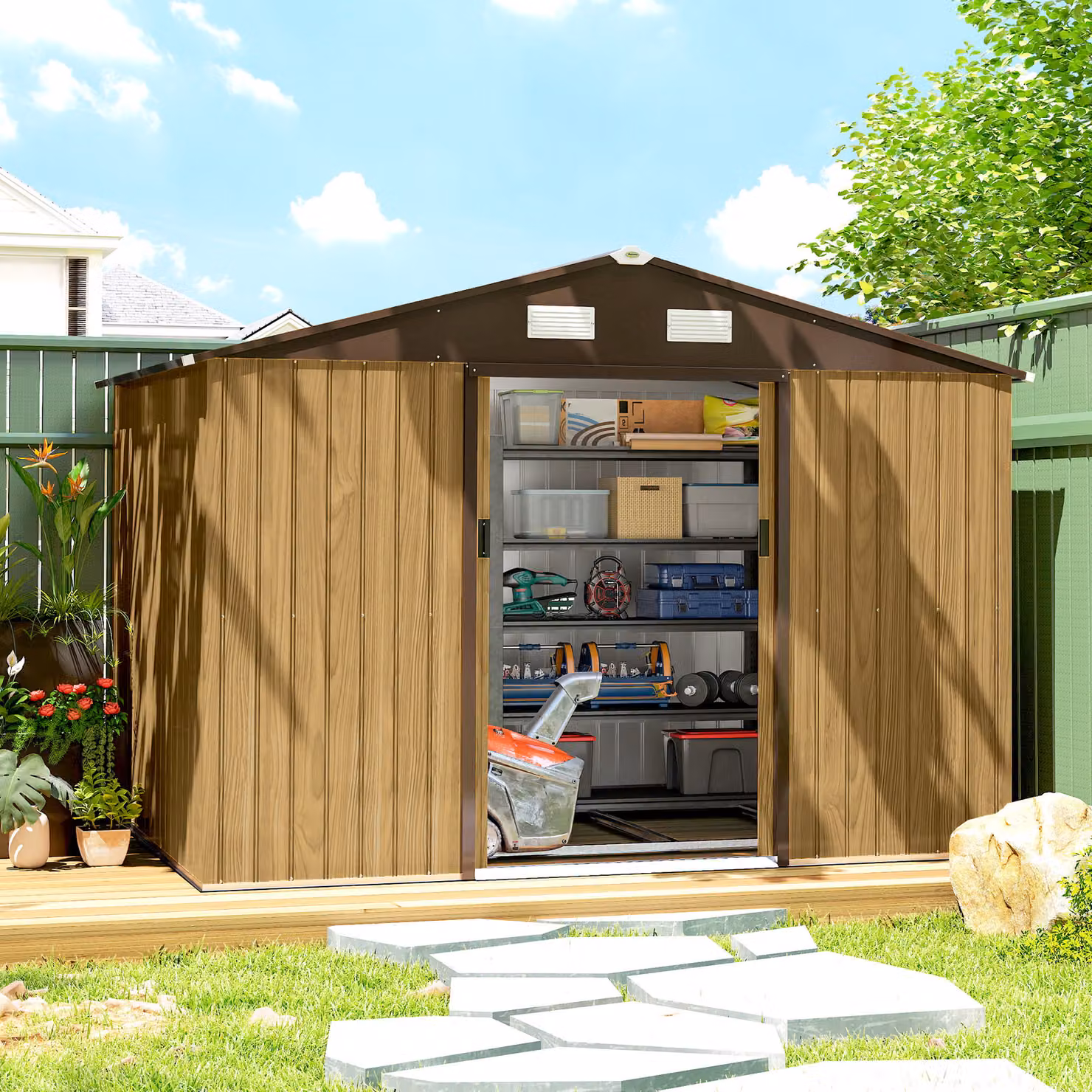 Casetta da Giardino Outsunny in Acciaio Zincato con Doppia Porta Scorrevole e Tetto Inclinato, Marrone Chiaro, 4.9 m2 – 2