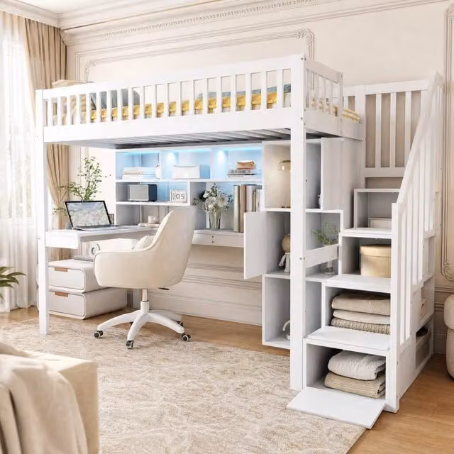 Letto a soppalco Mivray singolo in legno di pino e MDF bianco con scrivania, scala contenitore, ripiani e illuminazione LED sottostante, L/P/H: 200 x 90 x 165 cm
