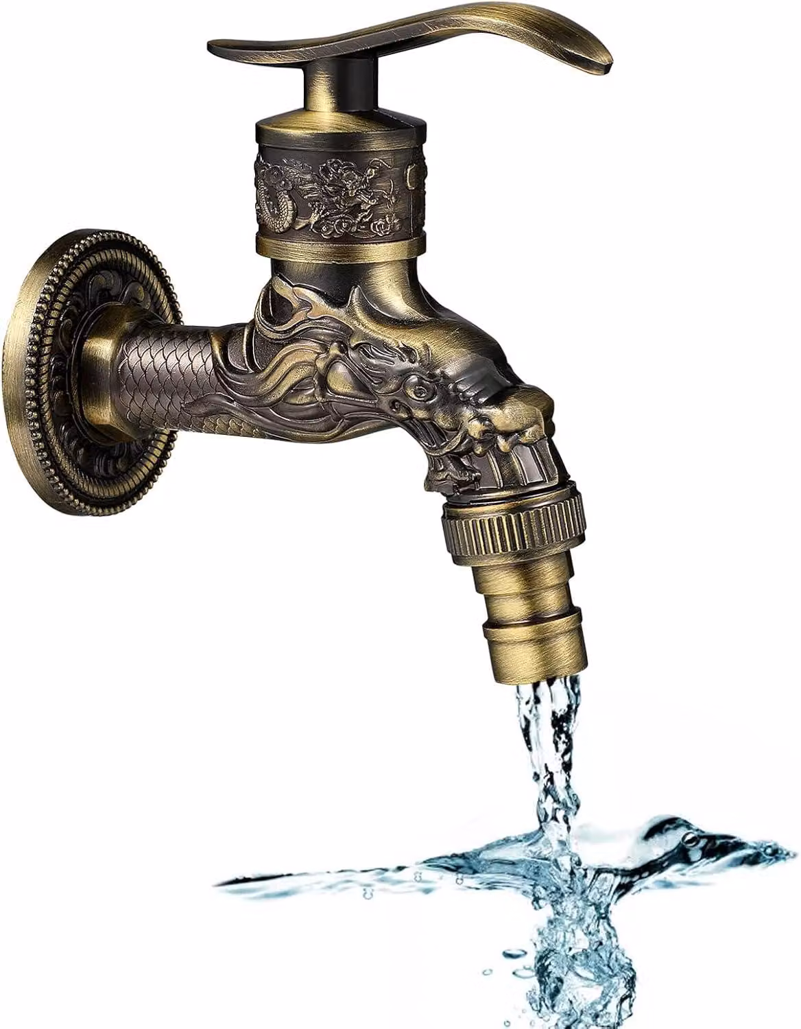 Rubinetto da esterno vintage in ottone - Stile retrò e antico - Decorato con intagli a forma di drago - Ideale per esterni, giardino, casa, bagno e cucina