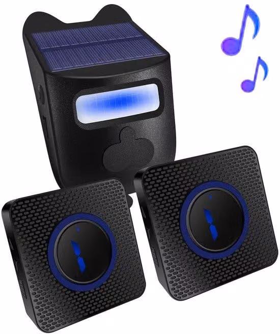 SnelShoppen - Sistema di allarme per vialetti solare wireless - Sensore di movimento, campanello a infrarossi - 1 rilevatore, 2 ricevitori - Sistema di sicurezza per la casa, spina EU per interni