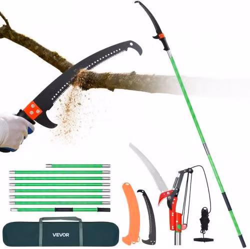 VEVOR Troncatrice per Alberi con Manico Telescopico in Fibra di Vetro e Acciaio, Potatore con Asta Estensibile da 118 a 809,3 cm e Lama in Acciaio 65 Mn, Colore Verde