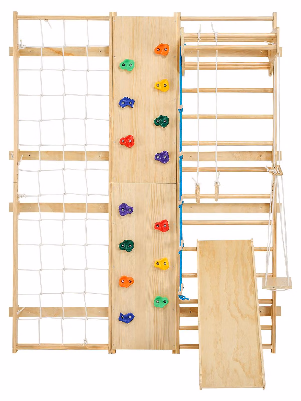 SucceBuy Parete scalabile svedese 9 in 1, gioco da arrampicata in legno a 12 gradini, resistente fino a 100 kg, struttura da arrampicata per interni con parete scalabile, anelli da ginnastica, barra per trazioni, scivolo e altalena