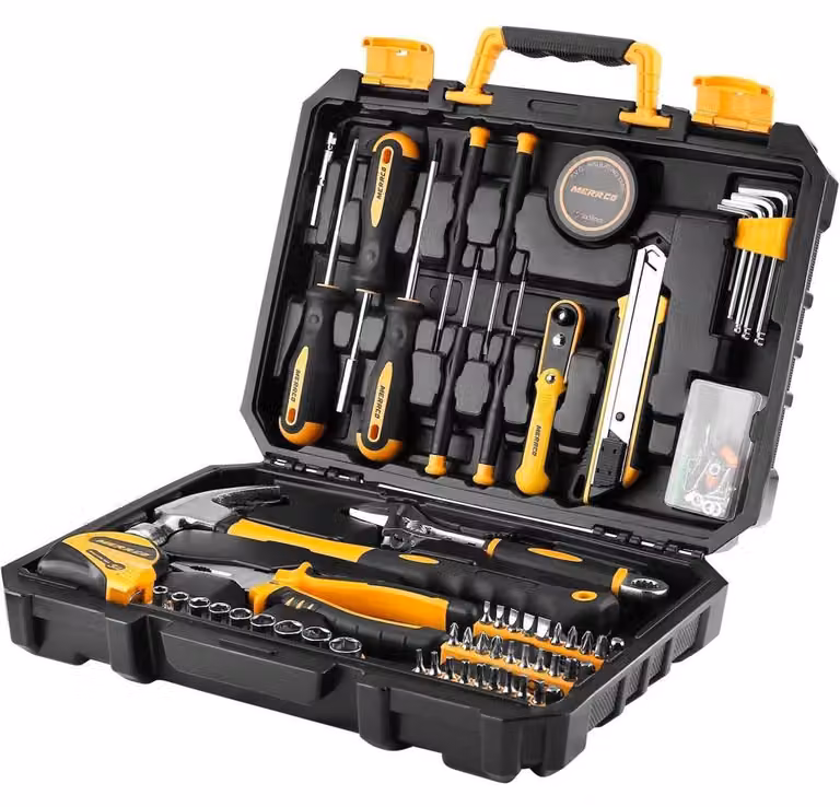 Kit di attrezzi da 100 pezzi per uso domestico e per lavori di bricolage, con custodia in plastica