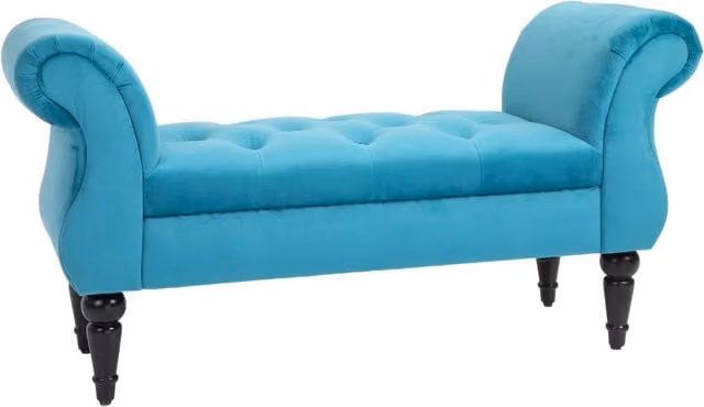 Panca Fondoletto Minimal in legno imbottita in velluto azzurro L: 117 cm, P: 40 cm, H: 58 cm