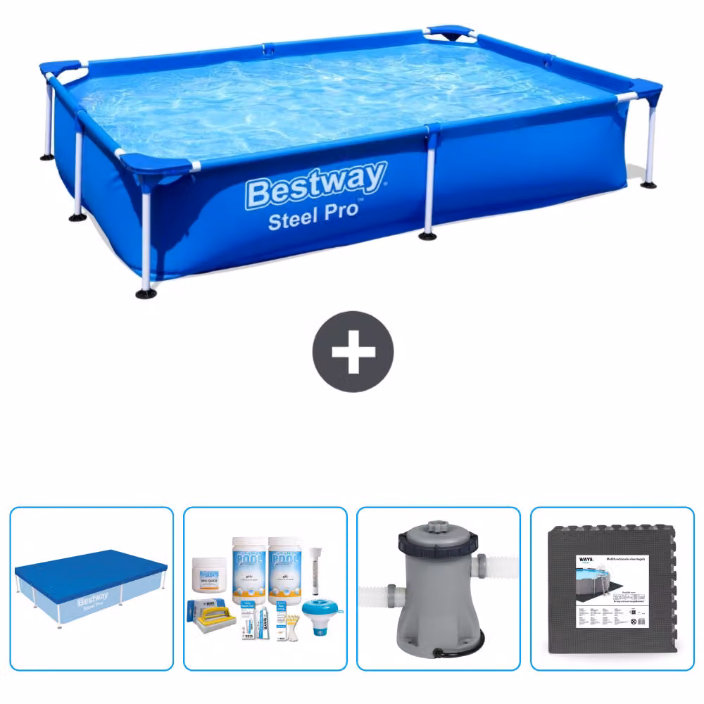 Piscina Bestway Steel Pro rettangolare - 221 x 150 x 43 cm - blu - include copertura - pacchetto manutenzione - pompa - pavimento in piastrelle