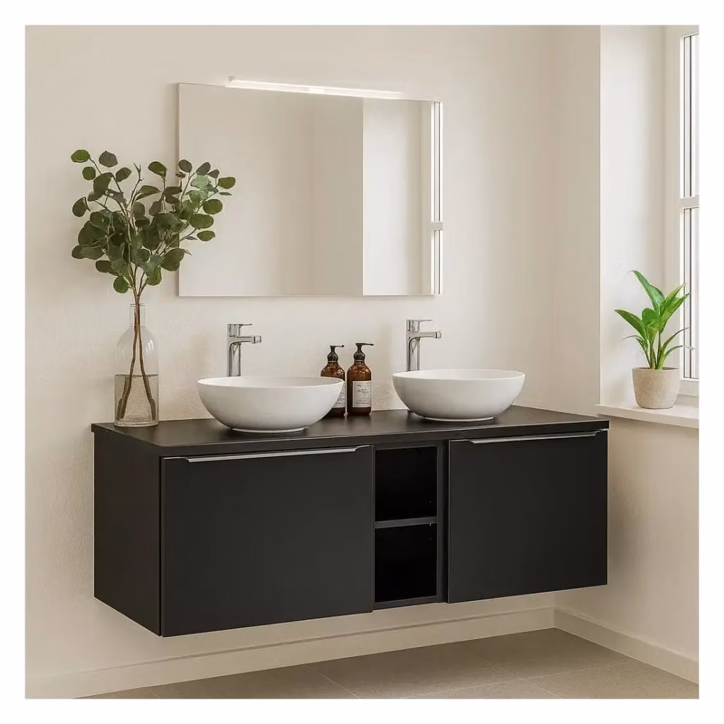 Set da bagno Meublorama VANTA nero: mobile sospeso con piano e 2 lavabi da appoggio L: 140 cm, P: 46 cm, H: 63 cm – 2