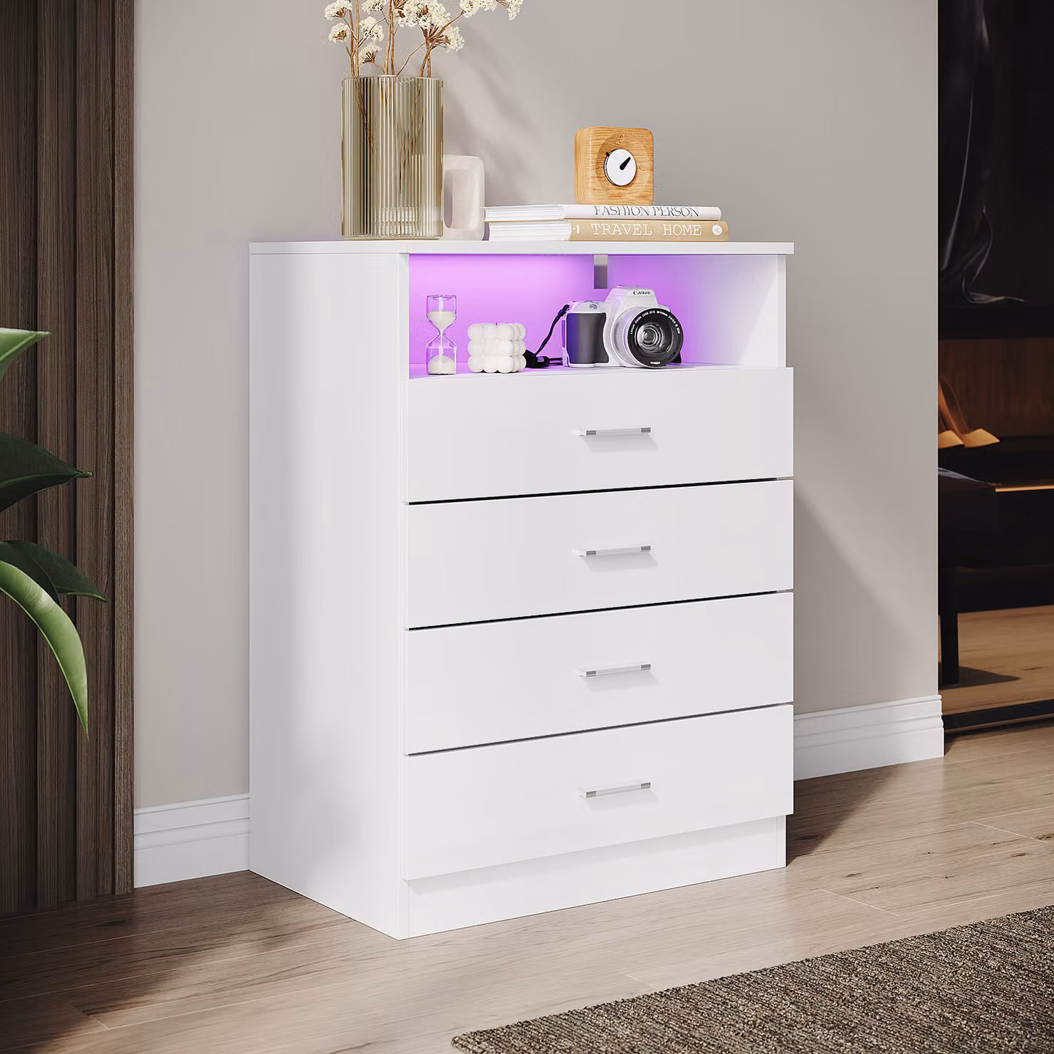 Cassettiera SONNI bianca lucida con 4 cassetti e vani a giorno 60x40x83cm con illuminazione a LED Adatta per soggiorno camera da letto
