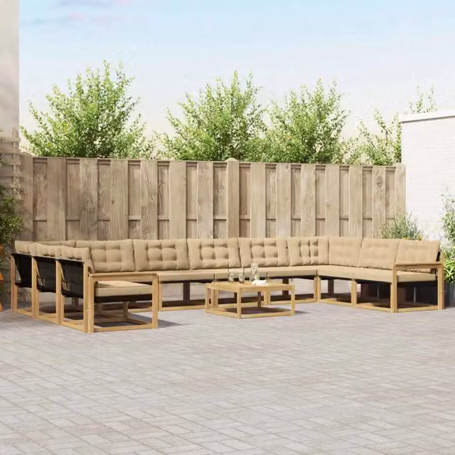 Set di divani da esterno vidaXL a forma di U in legno di acacia con tavolo da caffè e cuscini, Bianco e Beige