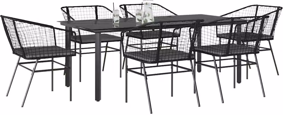 Set Pranzo da Giardino 7 pz Nero con Cuscini Polyrattan Vetro
