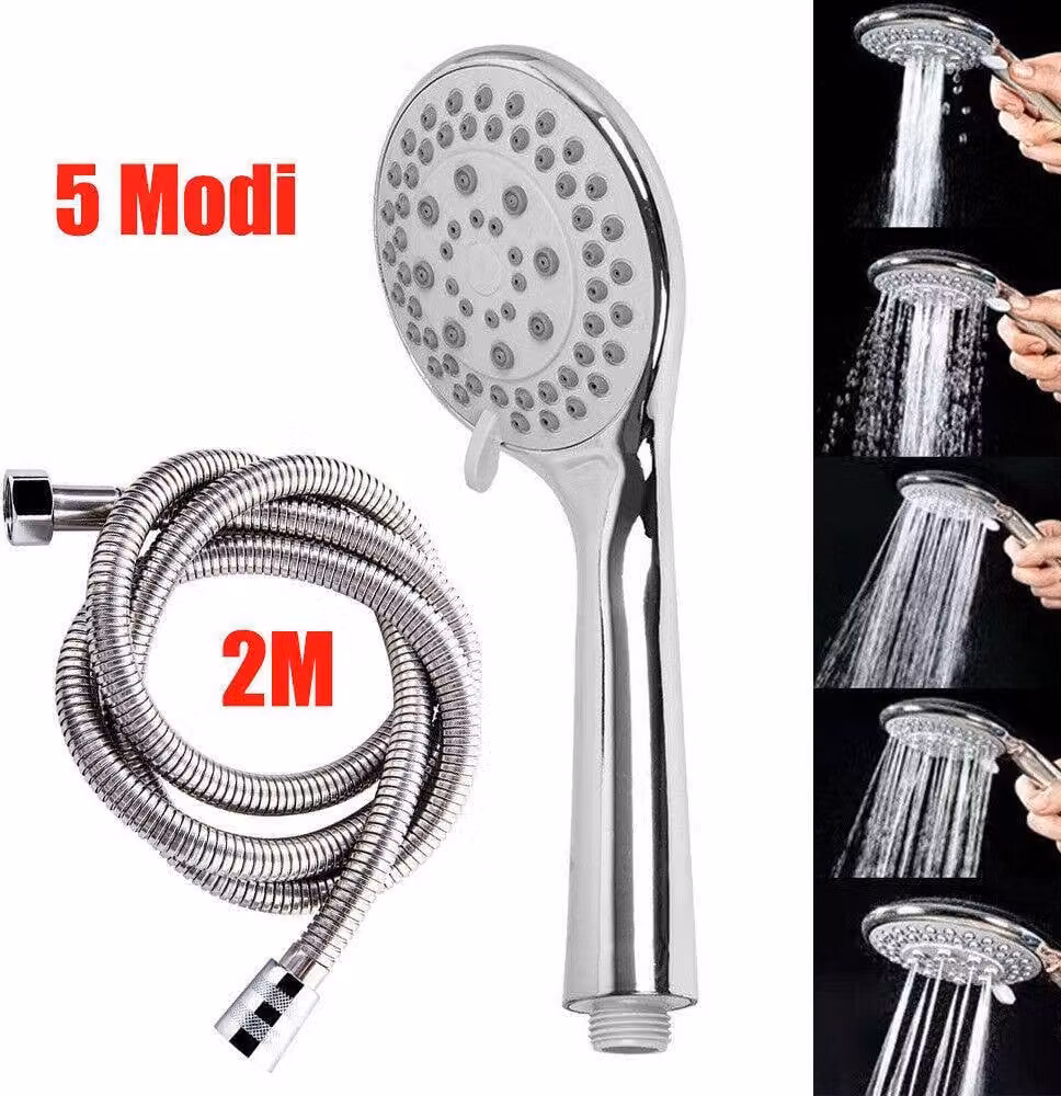 Soffione doccia, doccetta a 5 getti ad alta pressione con tubo flessibile da 2,0 m, argento, 2 m
