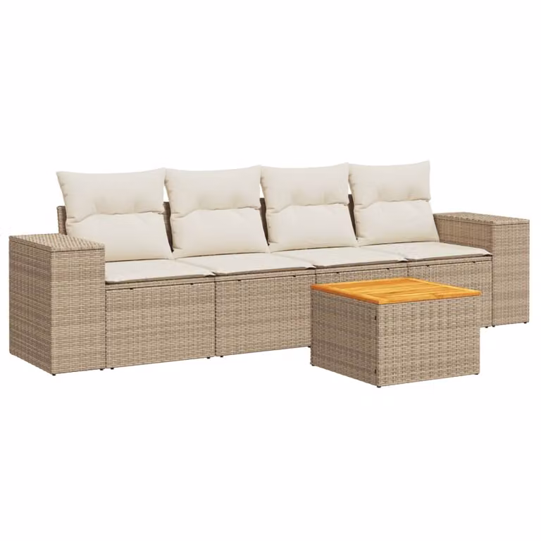 Set Divano da Giardino 5 pz con Cuscini Beige in Polyrattan