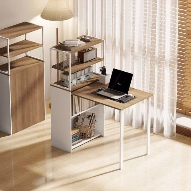 Scrivania Pieghevole WISHDOR Moderna in MDF Laminato, L/P/H: 105 x 60 x 127 cm, Colore Beige e Marrone