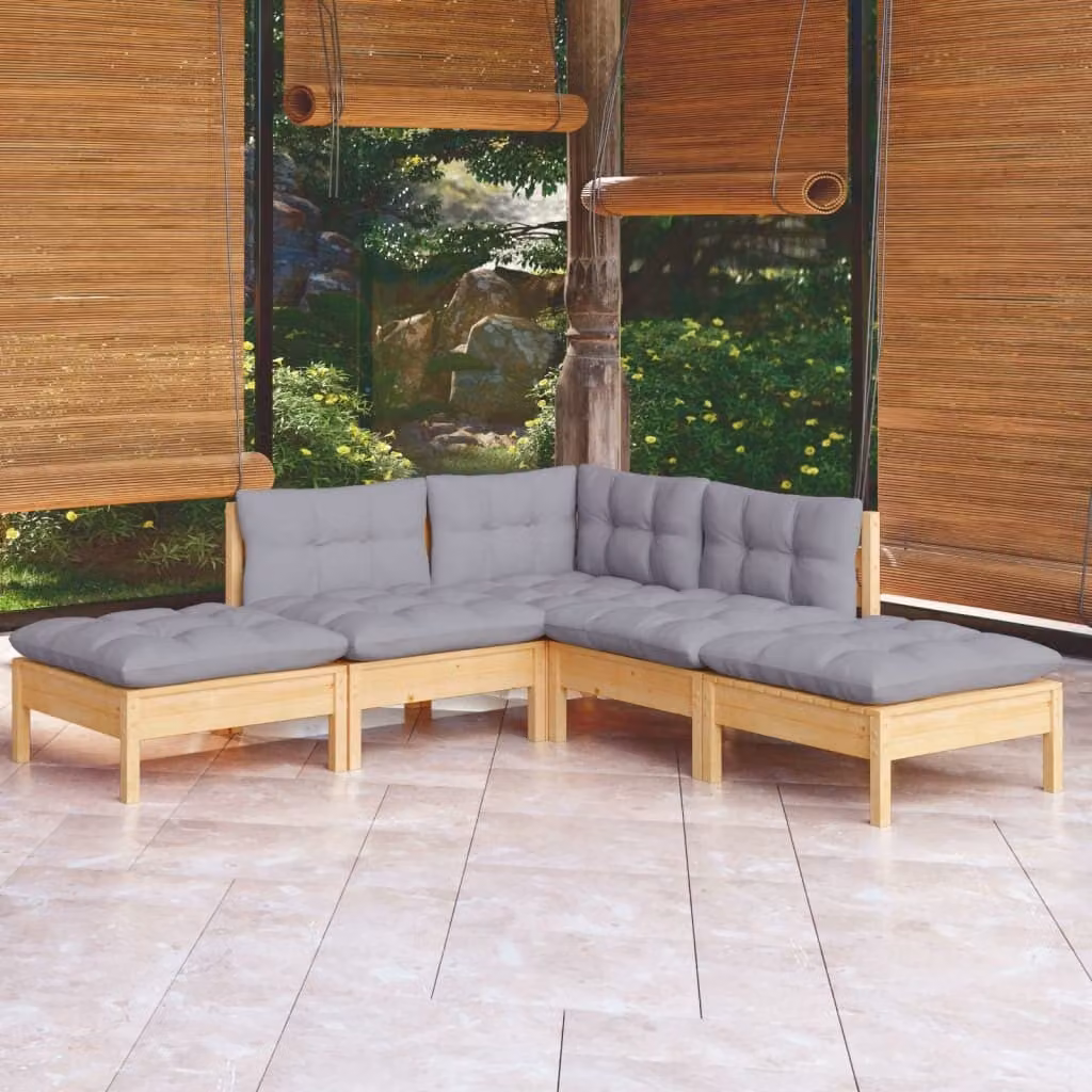 The Living Store Set da giardino 5 pezzi con cuscini grigi in legno di pino