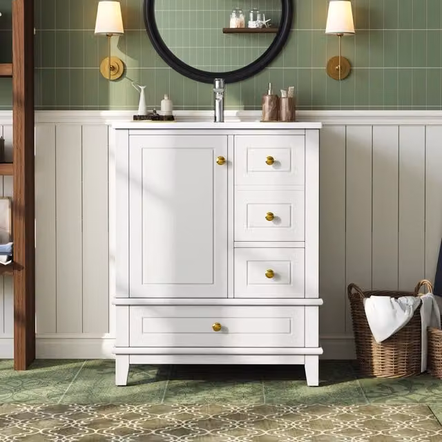 Mobile sottolavabo con lavabo in ceramica, 3 cassetti e 1 anta con ripiani, MDF bianco lucido, 61 × 47 × 86 cm