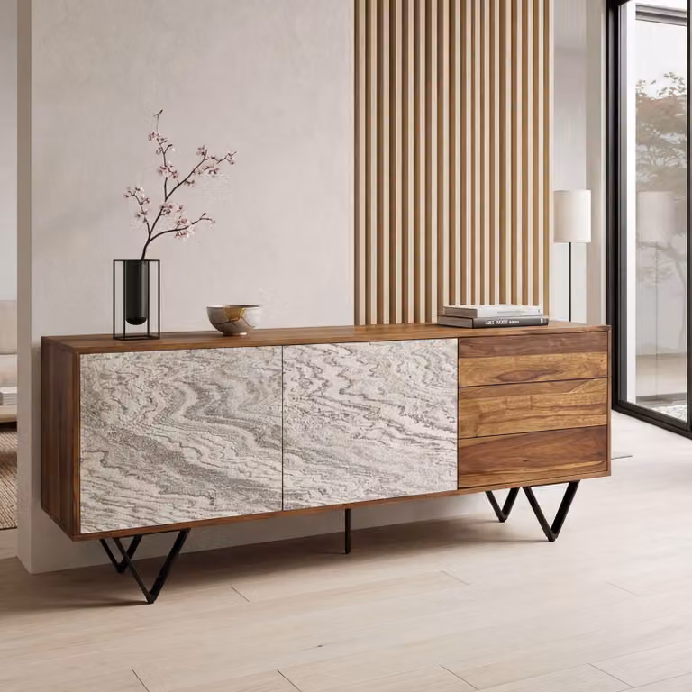 FineBuy Credenza in legno massiccio Sheesham 175 cm 2 ante e 3 cassetti - Cassettiera solida retrò effetto pietra - Credenza di design naturale - Fatto a mano Industriale