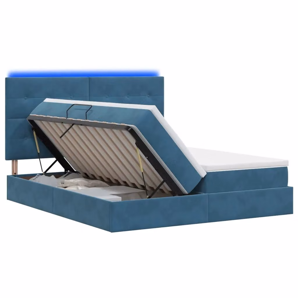 Letto con contenitore vidaXL in velluto blu con illuminazione LED, porta USB e materasso ibrido L/P/H: 200 x 200 x 34 cm – 2
