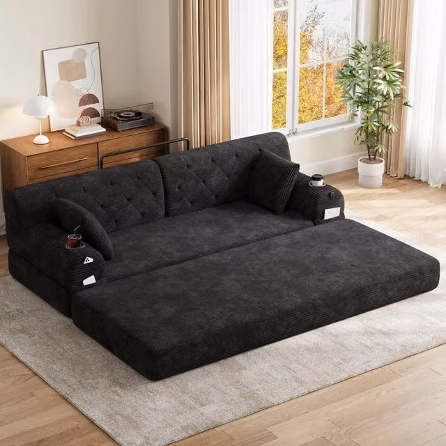 Divano letto 3 posti ¨C Minimal ¨C Tessuto corda nero, struttura in metallo, portabibite e tasche laterali
