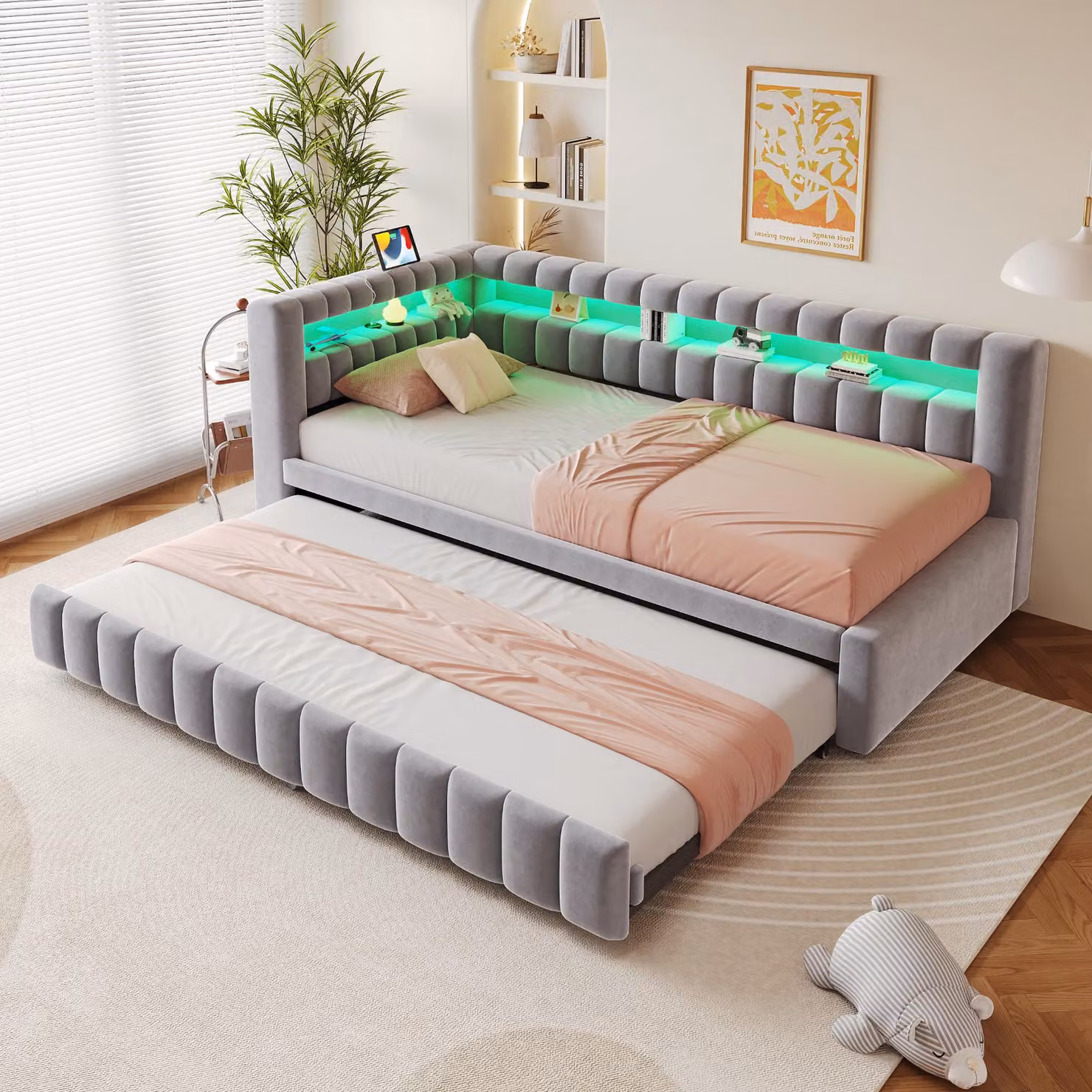 Letto imbottito MODFU estraibile 90×200 con letto a scomparsa, letto matrimoniale con luci LED e porte USB, letto contenitore con testiera e schienale, senza materasso, grigio scuro