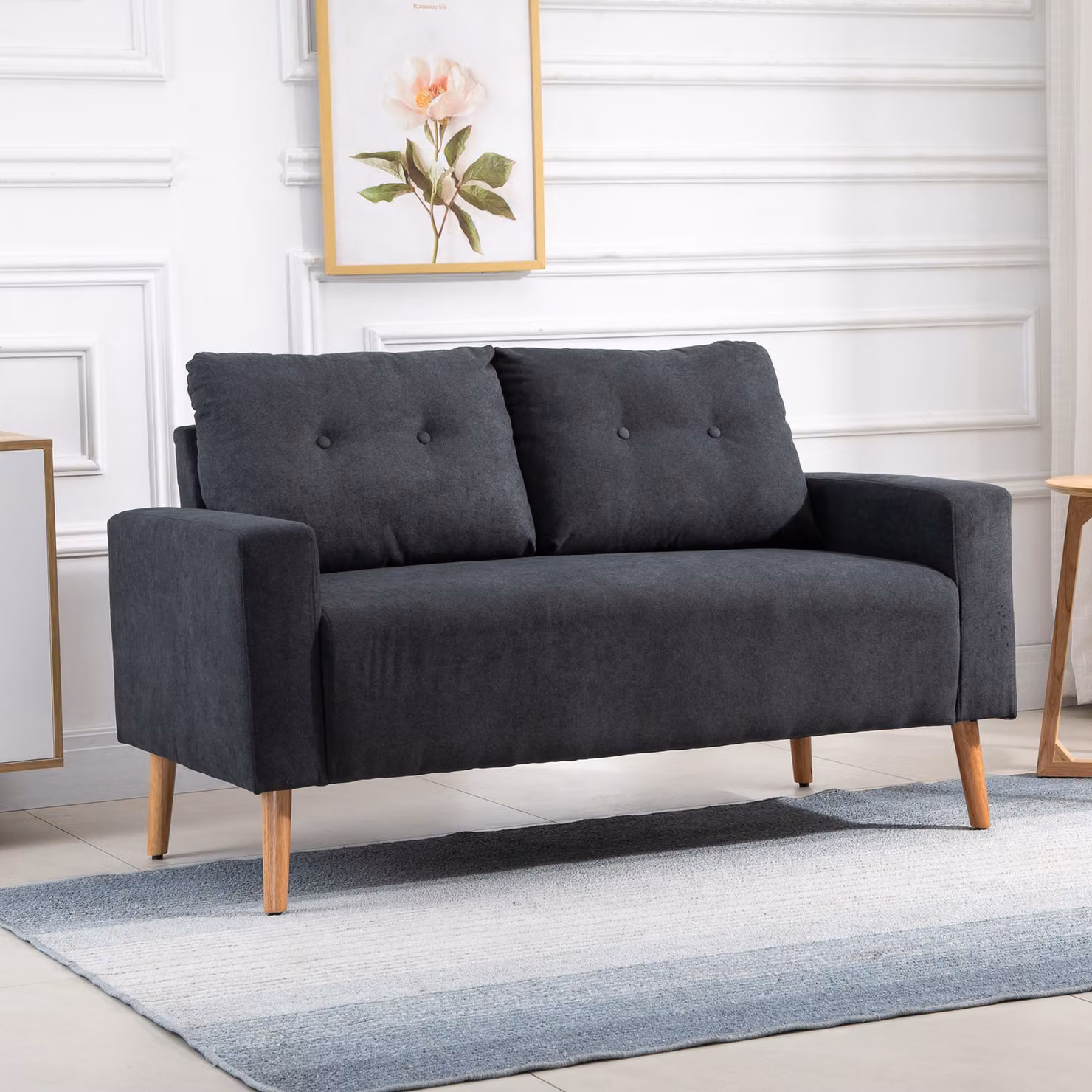 Divano 2 Posti Moderno in Stile Nordico HOMCOM con Schienale Trapuntato in Tessuto, Grigio, L: 145 cm, P: 76 cm, H: 88 cm – 2
