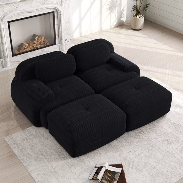 Divano 2 posti velluto a coste nero - divano modulare senza struttura con chaise longue - 208x178x70 cm