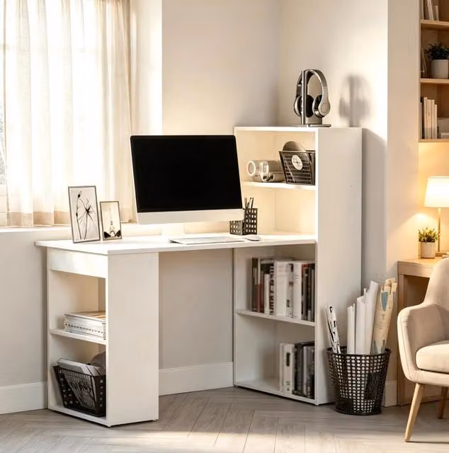Scrivania con libreria integrata bianca in truciolare 120x55x120 cm