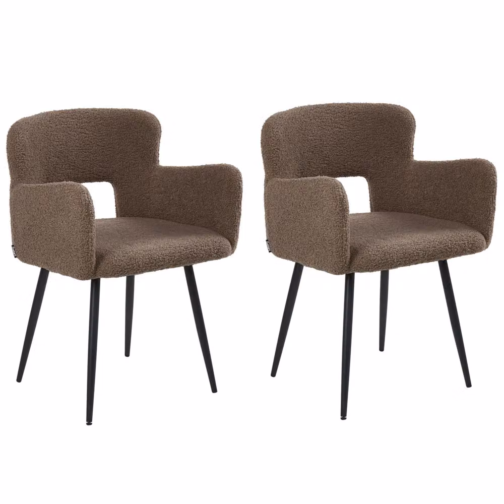 Set di 2 sedie da pranzo BELIANI in tessuto Teddy Bouclé marrone con braccioli e gambe in metallo nero – 2
