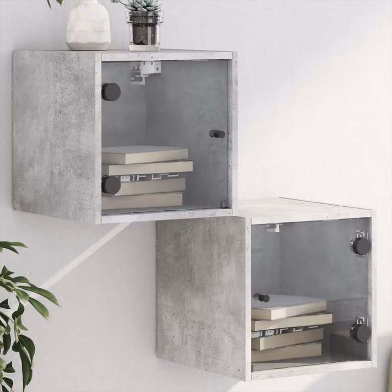 Set di 2 comodini vidaXL con ante in vetro, colore grigio cemento, L 35 x P 37 x H 35 cm