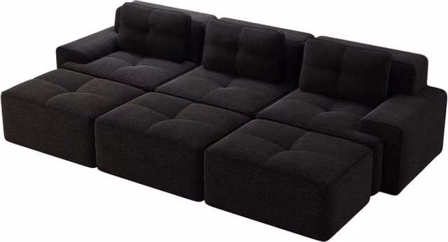 Divano modulare angolare senza telaio in tessuto di velluto a coste nero con funzione letto e 3 pouf