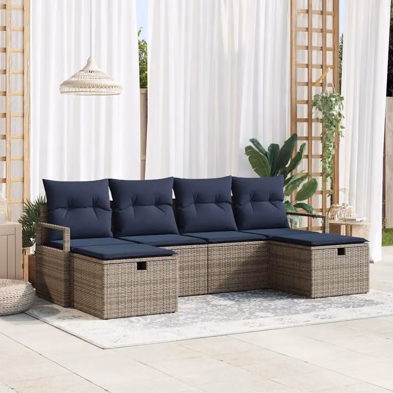 Set di divani da giardino vidaXL a forma di U con 6 posti, Grigio e Blu Navy