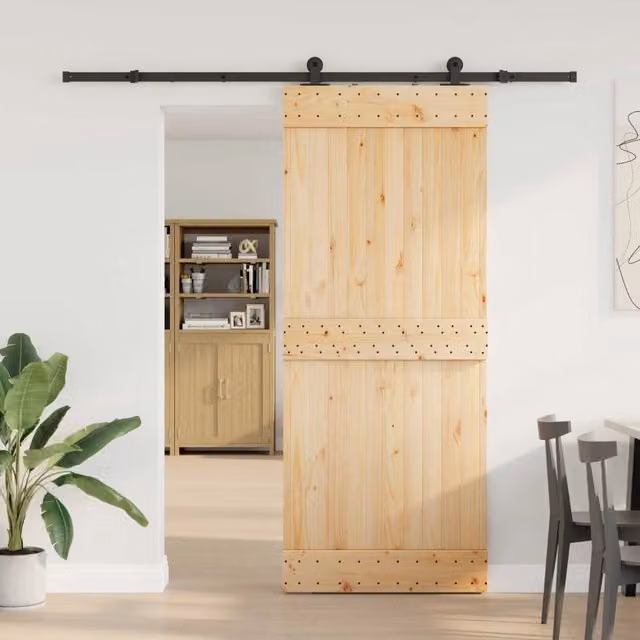 Porta scorrevole minimalista vidaXL in legno e acciaio, Colore Naturale e Nero, L: 85 cm, H: 210 cm