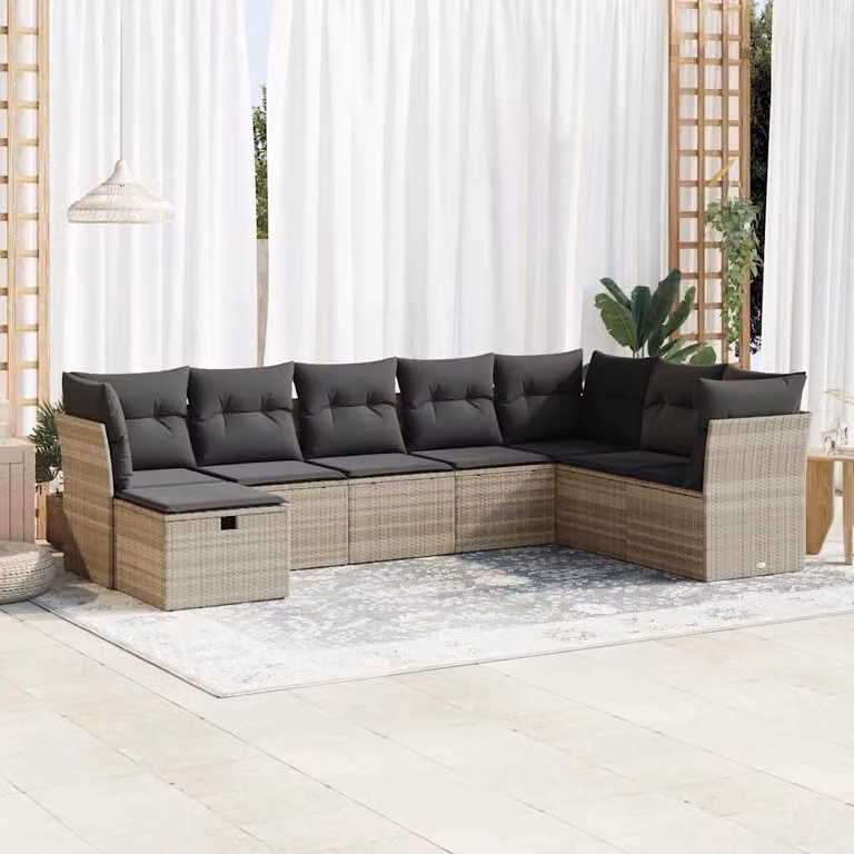 Set Divano da Giardino vidaXL 8pz a Forma di L in Polyrattan Grigio con Cuscini Imbottiti e Coperture Rimovibili