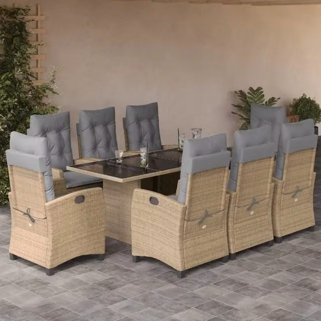 Set da pranzo da giardino vidaXL in polyrattan con cuscini beige e grigio e tavolo in vetro, 9 pezzi – 1