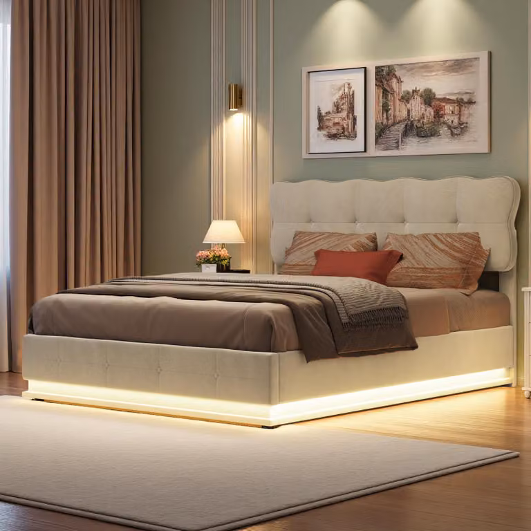 UnboxG Letto imbottito 140x200 cm con contenitore e illuminazione a LED, letto matrimoniale in velluto beige con contenitore idraulico e rete a doghe, telaio letto con illuminazione sotto il letto a LED in 7 colori, telecomando