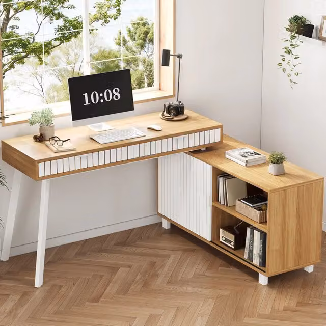 Scrivania angolare con 2 cassetti e armadio ripiano regolabile MDF e metallo naturale bianco 140 × 120 × 76.5 cm