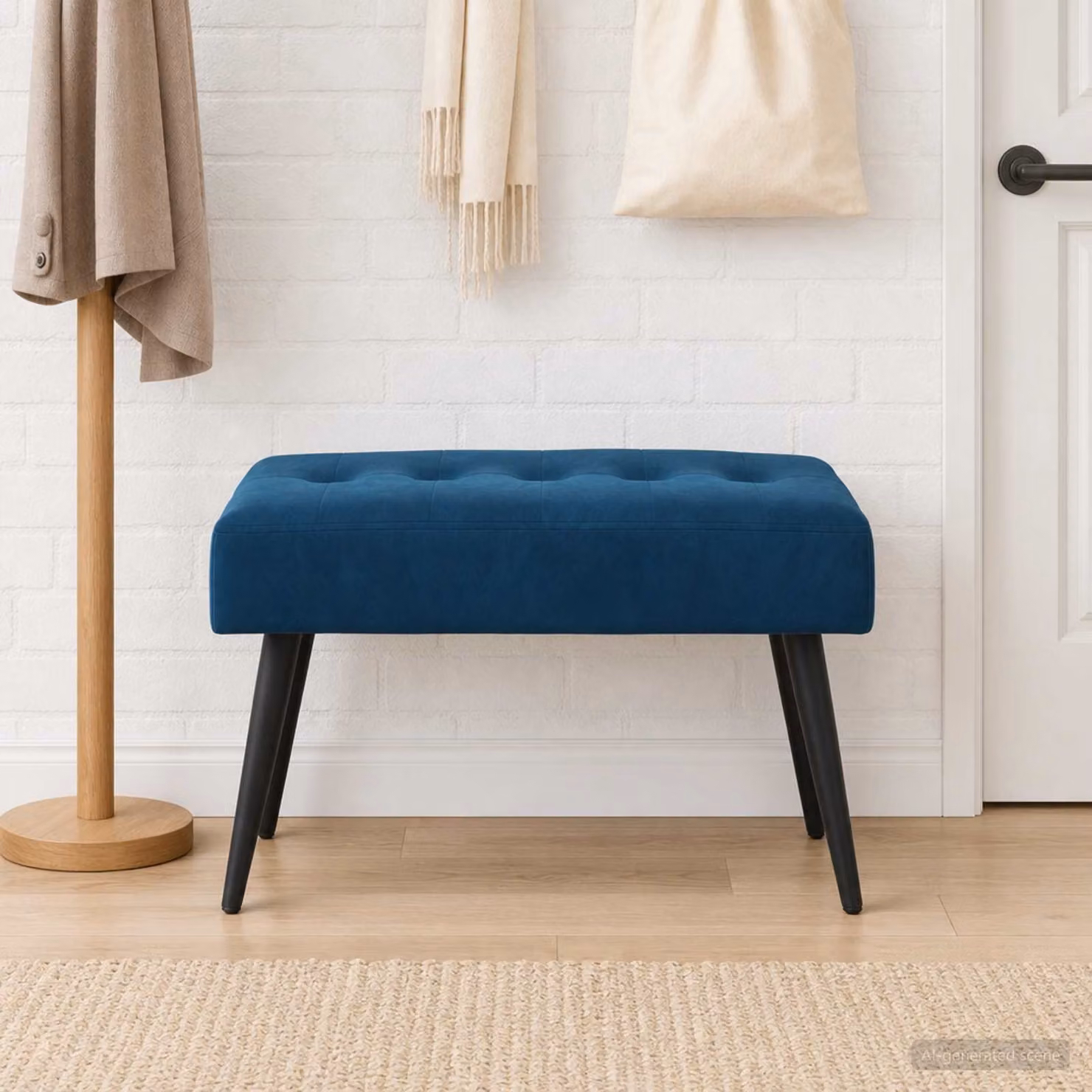 Panchina moderna vidaXL in velluto blu con struttura in metallo e MDF, L: 110 cm, P: 40 cm, H: 45 cm