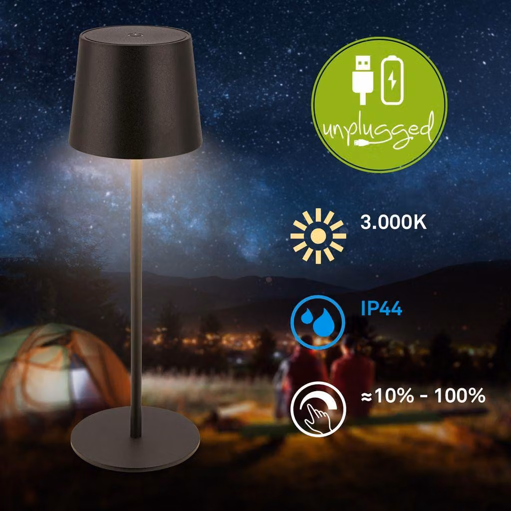 Briloner BOTA Lampada da tavolo LED senza fili IP44, dimmerabile, touch, batteria ricaricabile, protezione dagli spruzzi d'acqua, nero, Ø11 x 33 cm