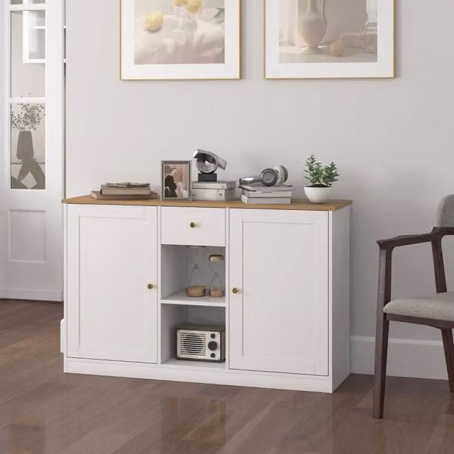 Credenza moderna bianca con cassetto, 2 ante e 2 ripiani aperti L: 120 cm, P: 35 cm, H: 75.2 cm