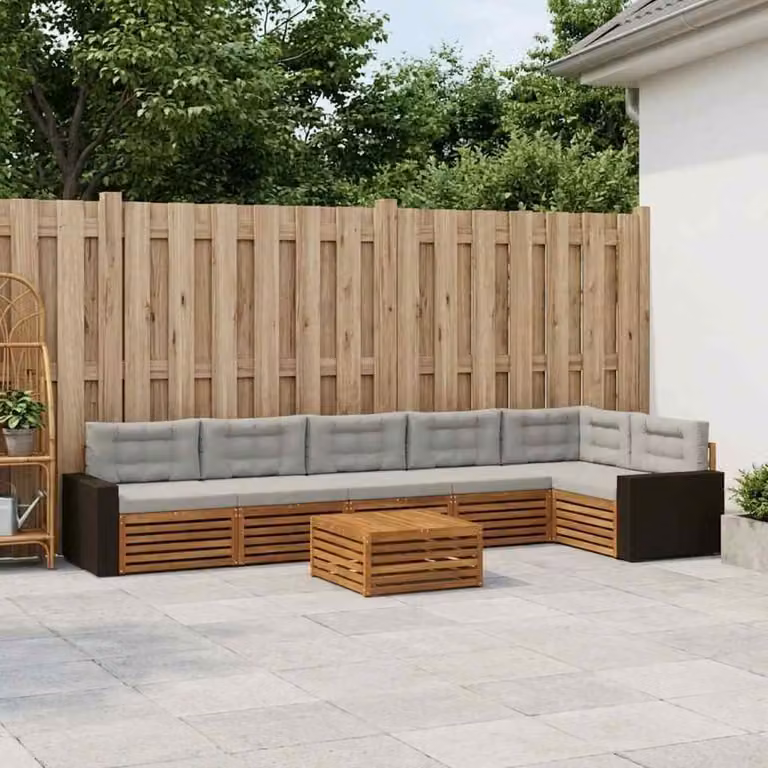 Set di divani da esterno vidaXL 7 pz in legno di acacia con cuscini beige e grigio chiaro